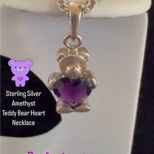 Vintage Sterling Silver Amethyst Teddy Bear Heart Necklace On Chain